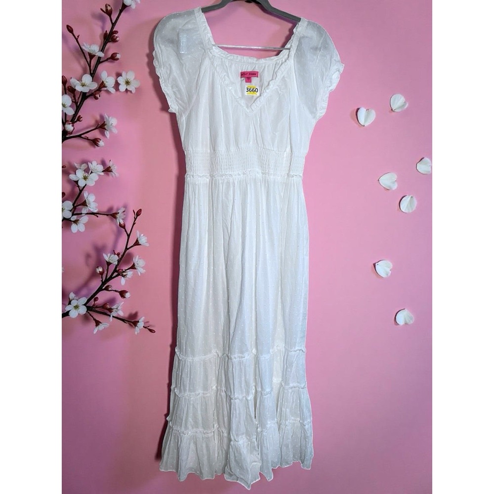 Betsey Johnson Maxi Dress L White Cottagecore Prairie Boho Babydoll Milkmaid y2k